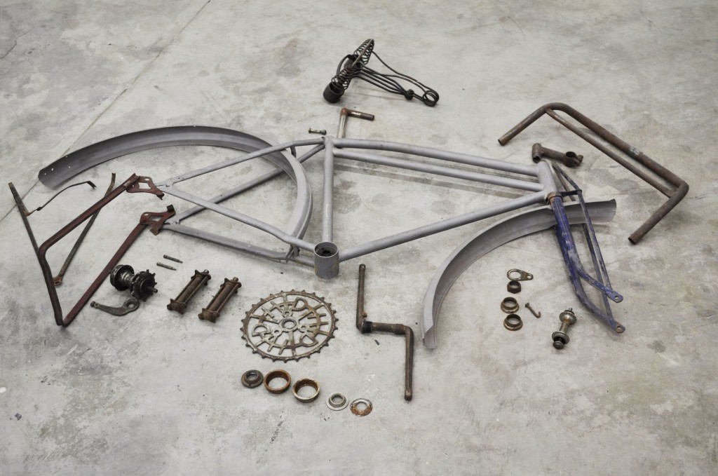 Harley Davidson bicycle project pile of parts Dave